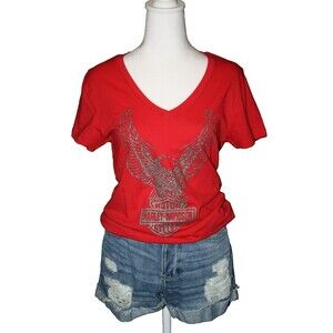 Harley Davidson Sz M V-Neck T-Shirt El Paso Lightweight Bikercore Glitter Eagle